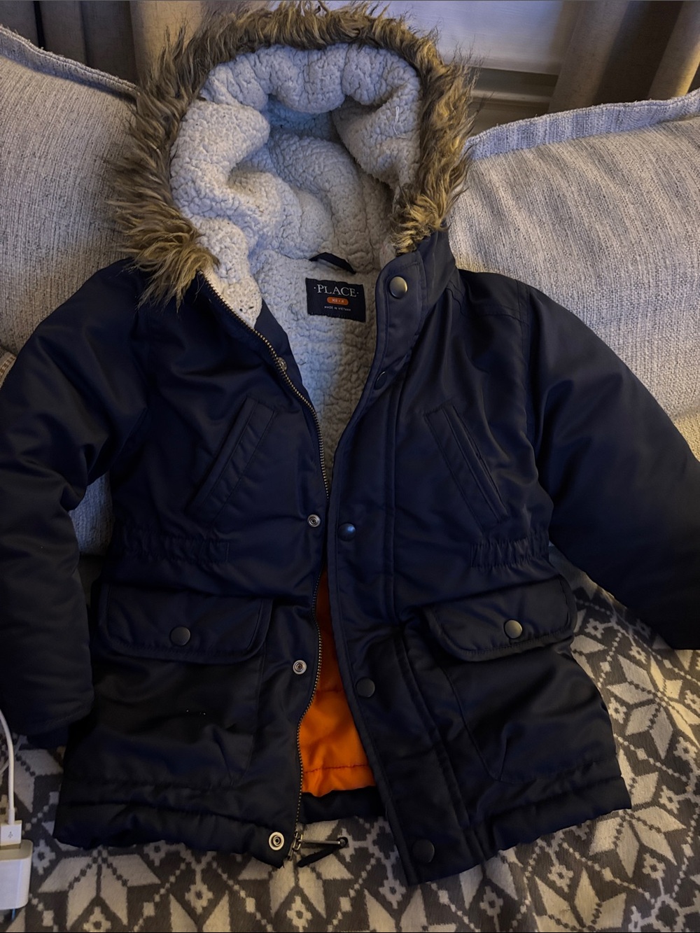 Children’s Place Navy Faux-Fur Hooded Puffer Jacket with Sherpa Lining